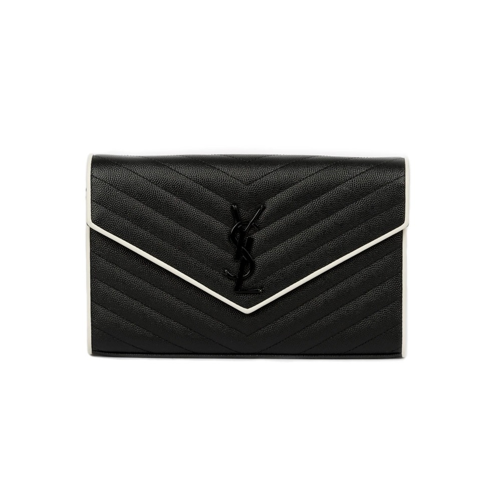 YSL Black Quilted Wallet on Chain with White Trim